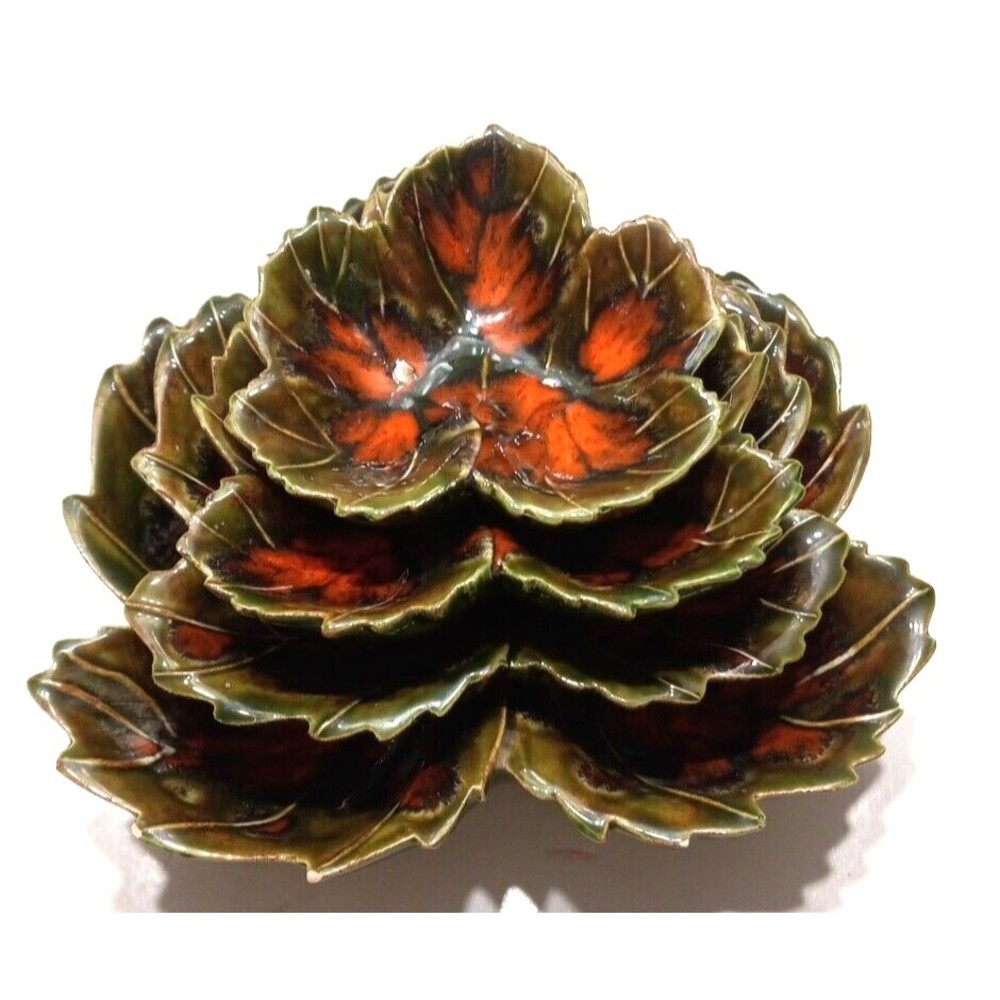4 Fall Leaves Nesting Serve Dishes Vintage Hand Painted Glazed 1975